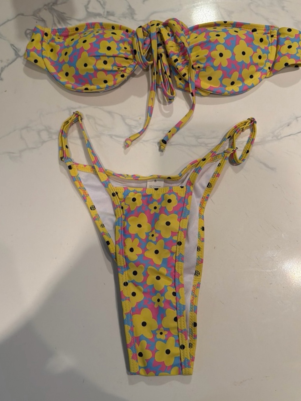 Floral Bandeau Bikini Set in Yellow & Pink